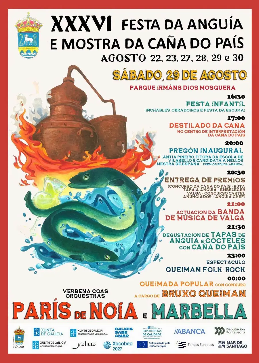 Cartel de la Festa da Anguía e Mostra da Caña do País 2026 en Valga, programa del sábado 29 de agosto