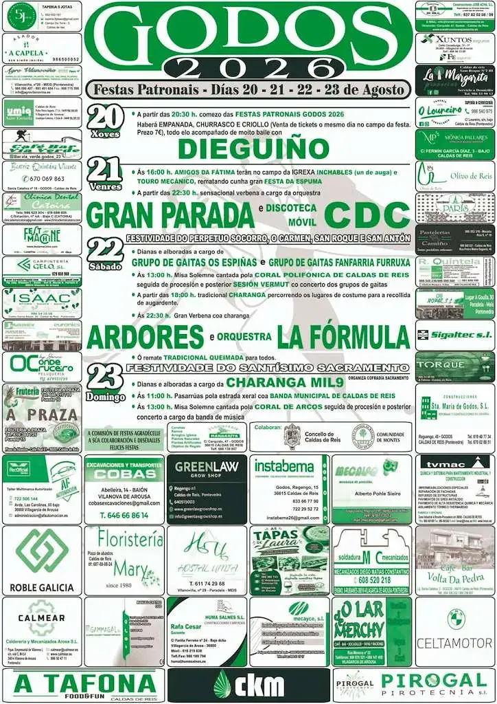 Cartel de las Festas Patronais de Godos 2026, Caldas de Reis, programa del 20 al 23 de agosto