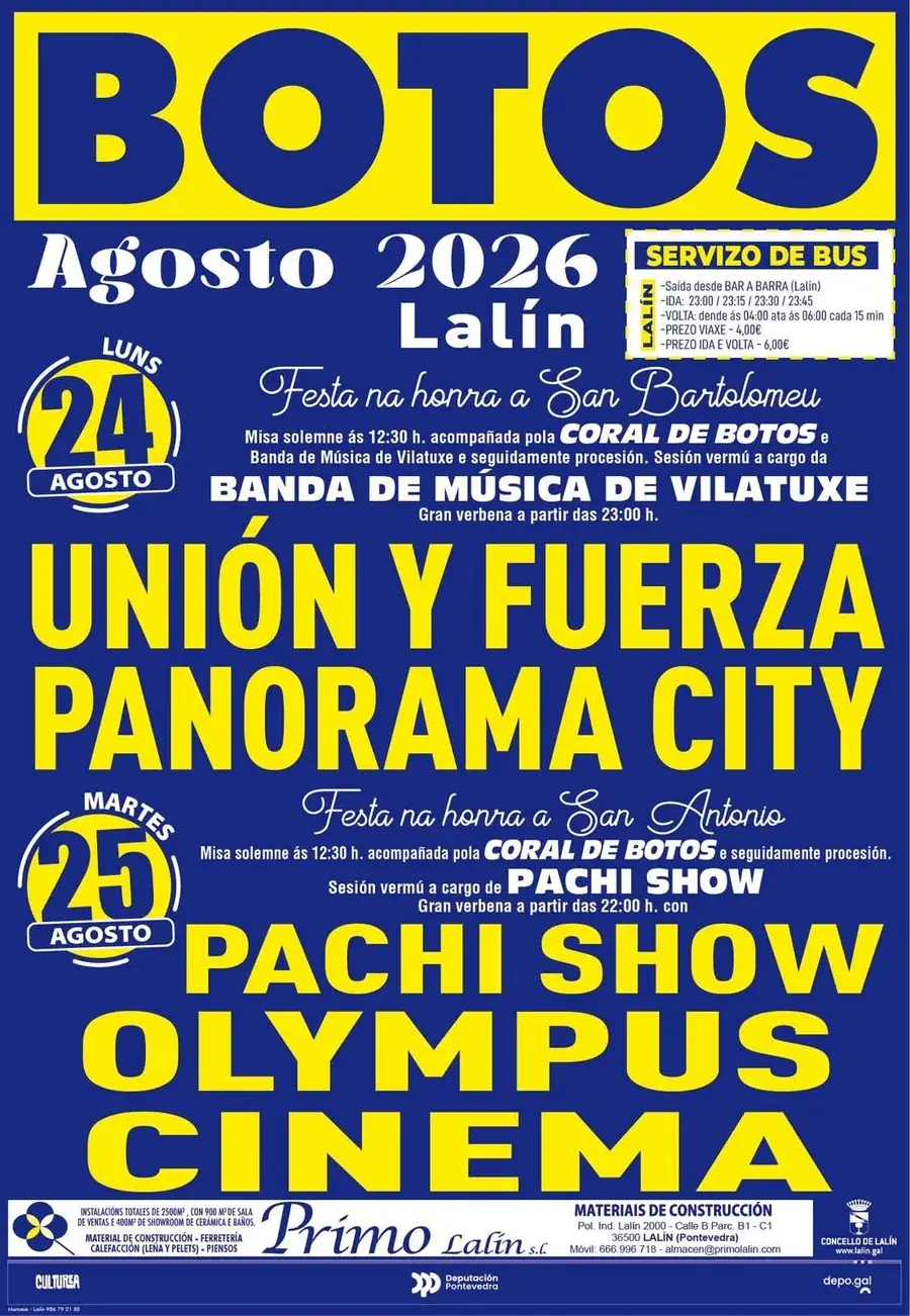 Cartel de las Festas de Botos 2026, Lalín, programa del 24 y 25 de agosto