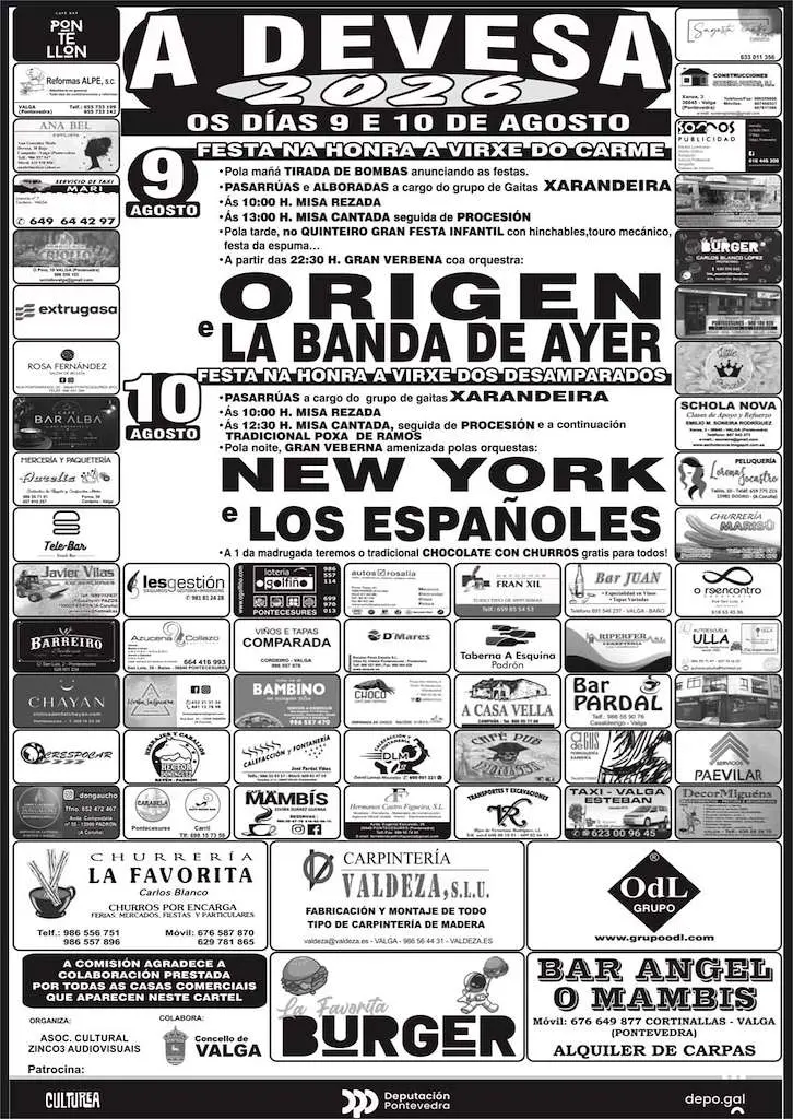 Cartel con el programa de las fiestas de A Devesa de Valga 2026, los días 9 y 10 de agosto.