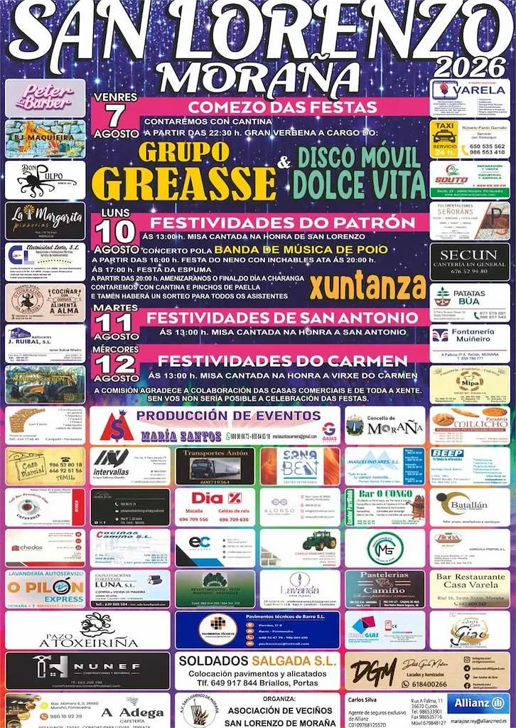 Cartel con el programa de las fiestas de San Lorenzo, San Antonio y la Virgen del Carmen de Moraña 2026, del 7 al 12 de agosto.
