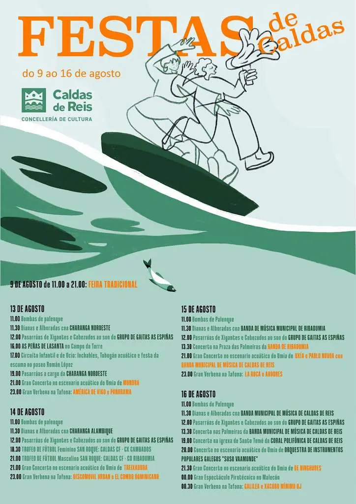 Cartel con el programa de las fiestas de San Roque de Caldas de Reis 2026, del 9 al 16 de agosto.