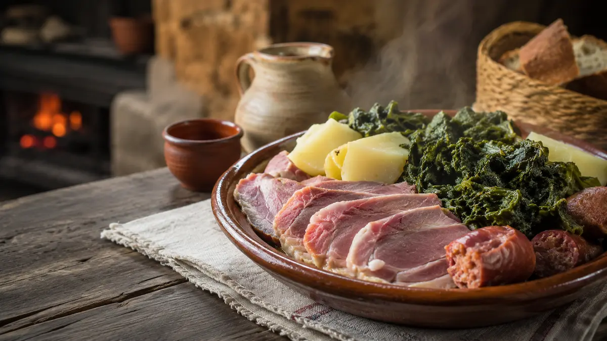 Plato tradicional de lacón con grelos, patatas y chorizo en una mesa de ambiente gallego