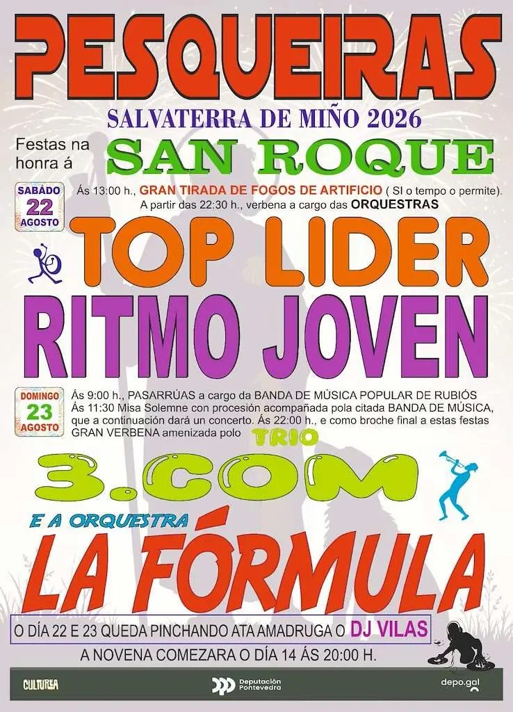 Cartel de las Festas de San Roque de Pesqueiras 2026, en Salvaterra de Miño, con verbenas de Top Líder, Ritmo Joven, 3.COM y La Fórmula
