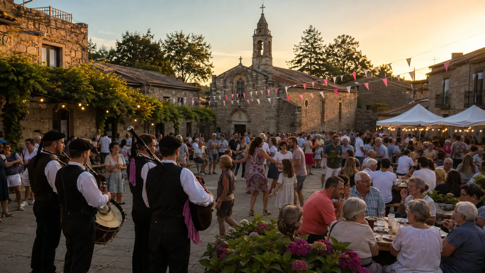 Fiesta popular con música tradicional y vecinos reunidos en una plaza de Pontevedra.
