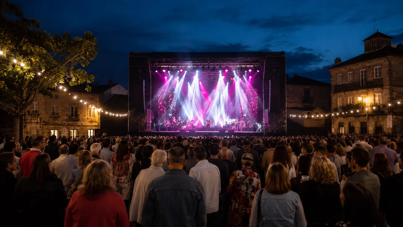 rquesta actuando en una verbena nocturna ante el público en Galicia.