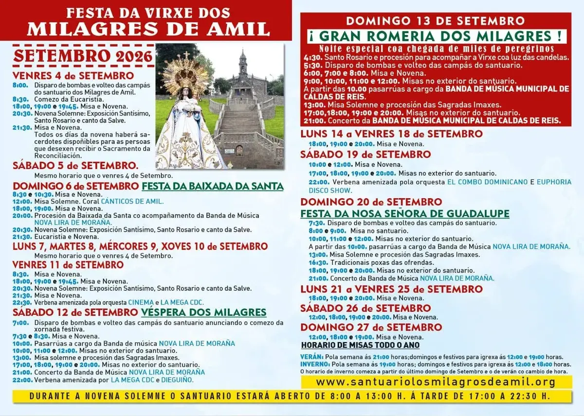 Cartel del programa de misas y novena da Festa da Virxe dos Milagres de Amil 2026
