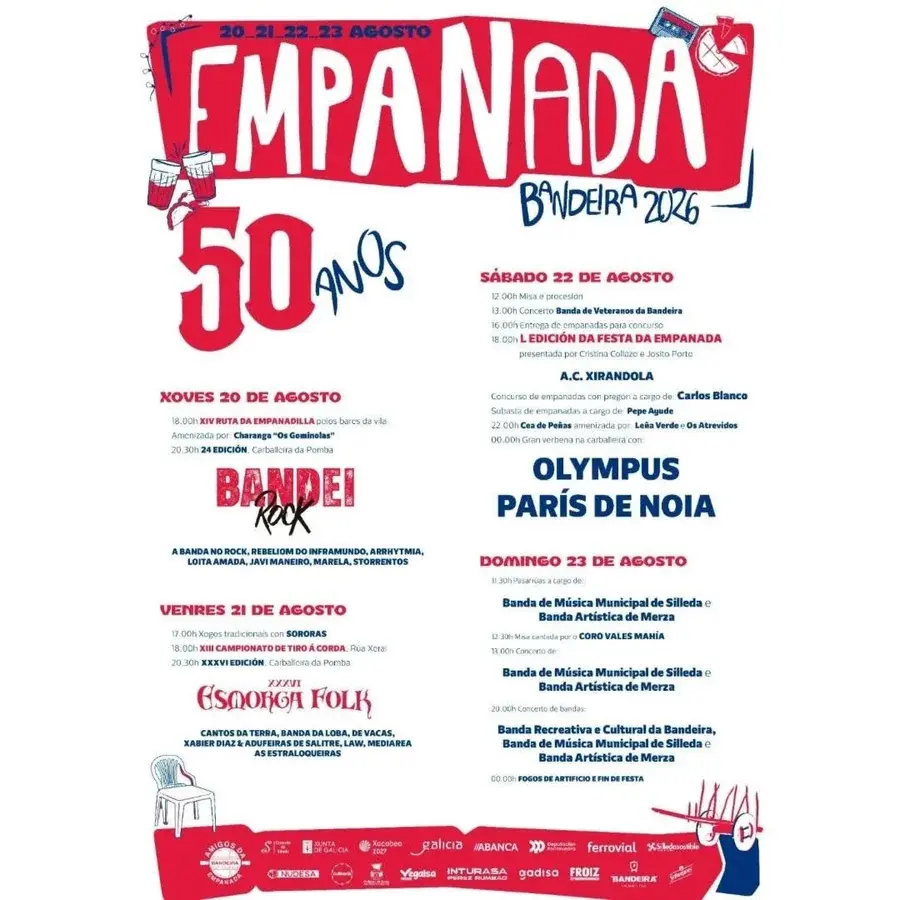 Cartel con el programa de la L Edición da Festa da Empanada da Bandeira 2026, del 20 al 23 de agosto