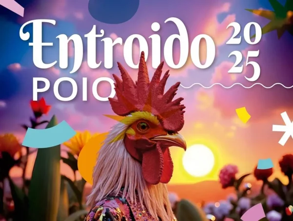 Cartel del Entroido de Poio 2025 con una persona disfrazada de gallo, rodeada de flores y confeti al atardecer