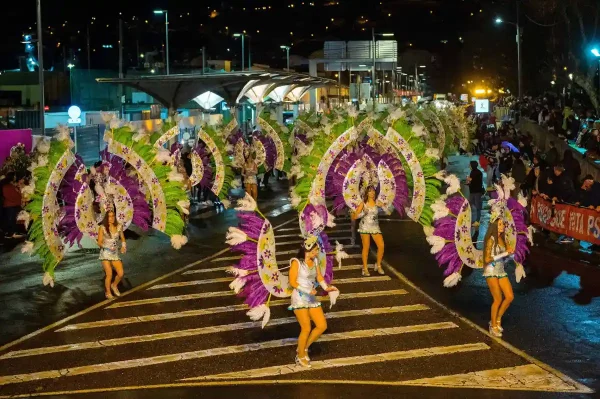 Desfile de carrozas en el Carnaval de Marín 2025 con disfraces coloridos y un público entusiasmado