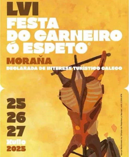 artel oficial de la Festa do Carneiro ao Espeto 2025 en Moraña, Pontevedra. Fiesta gastronómica con xantar popular y orquestas como Panorama.