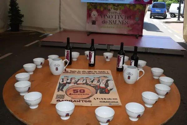 Imagen de la Festa do Viño Tinto do Salnés en Barrantes, con la tradicional mesa de degustación con cuncas blancas, botellas de vino y cartel del evento en la Carballeira da Condesa.